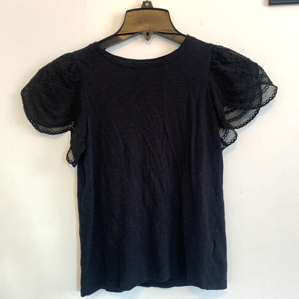 Express Eyelet Lace Sleeve Tee XS - Top w Black Sheer Tulip Puff Shoulders